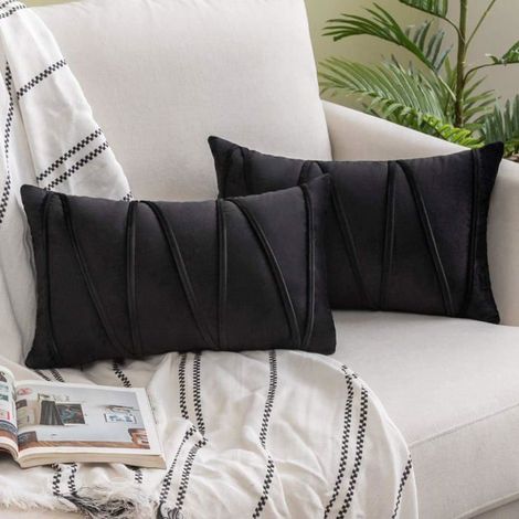 Lot de 2 Housse de Coussin, 30x50cm Decoratifs pour Canapes, en Velours Moelleux, avec Rayures Décoratives,Noir (1/4)