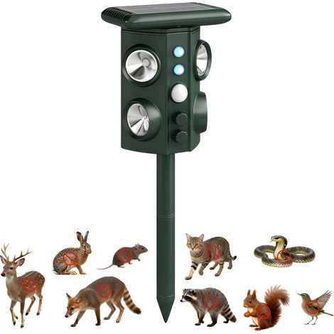 Repellente Solare Ultrasonico per Gatti, 5 Modalità, Sensore PIR, Flash LED