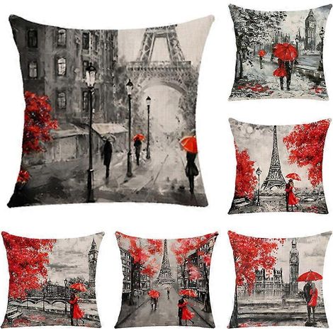 Ensemble de 6 housses de coussin décoratives en lin, motif peinture à l'huile sur toile, vue de rue de Londres, grand format 45 x 45 cm, décoration intérieure, housse de coussin carrée en lin pour cou (1/5)