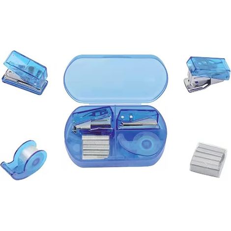 Ensemble de fournitures de bureau miniatures bleues, comprenant une mini agrafeuse, un dérouleur de ruban adhésif, une perforatrice et des agrafes pour fournitures scolaires. (1/5)