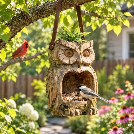 Mangeoire à oiseaux en résine style bois hibou, station d’alimentation suspendue avec jardinière pour jardin, cour, décoration extérieure (1/5)