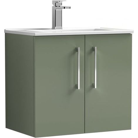 Nuie Arno Satin Green 600mm Wall Hung 2 Door Vanity Unit and Minimalist Ceramic Basin - ARN823B