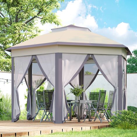 Carpa Plegable 4x3,4 m con Doble Techo 6 Mosquiteras Extraíbles y Bolsa de Transporte Anti-UV Marrón y Beige