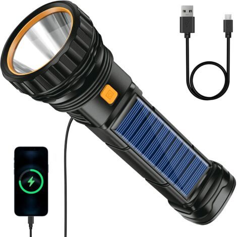 Lampe de poche solaire à LED rechargeable à piles - Lampe de poche étanche avec banque d'alimentation d'urgence de 1200 mAh, poche solaire USB avec 3 modes d'éclairage, Lumière pour camping [Classe én (1/5)