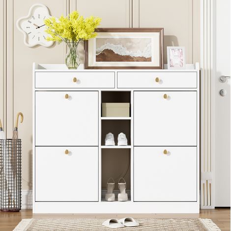 Meuble à chaussures 110x26x100 cm blanc en panneaux de particules avec 4 abattants, 2 tiroirs et 3 niches (1/5)