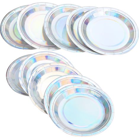 Lot de 8 assiettes en carton rondes jetables pour anniversaire, mariage, fête, décoration, vaisselle argentée laser