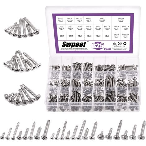 Lot de 325 vis autotaraudeuses à tête bombée en acier inoxydable 304 3 types 6810 SAE 304 et cruciformes, vis autotaraudeuses à bois avec tête bombée en acier inoxydable 410, vis (1/5)