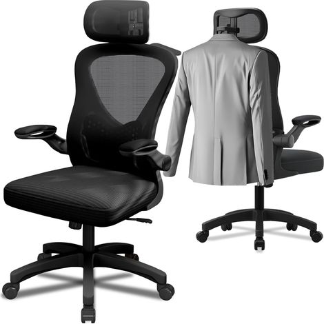 Chaise Bureau, Accoudoirs Relevables à 90° et Appui-TêTe 2D, Chaise de Bureau Ergonomique en Résille, Réglable en Hauteur sur 10 cm, Coussin D'Assise Moelleux 50X50 cm, Noire