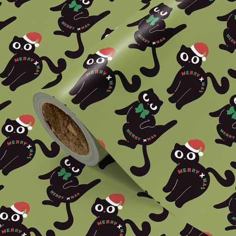 (Vert  43500cm) Papier cadeau de Noël avec motif de chat, nœud et flocon de neige, pour les cadeaux de Noël.