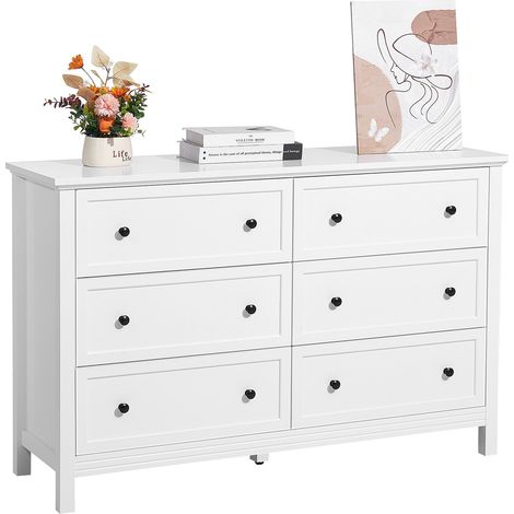 Commode 6 tiroirs, meuble de rangement en bois avec système coulissant et anti-basculement, style rétro minimaliste, meuble TV de rangement, armoire pour salon, couloir, chambre, entrée, blanc (1/5)