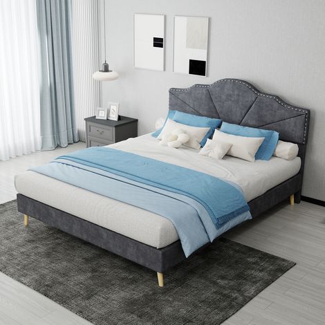 Lit moderne minimaliste et moelleux avec tête de lit confortable et douce, cadre de lit bas sans vérin à gaz, 140 x 200 cm, gris, meuble de chambre multifonctionnel, matelas non inclus (1/5)