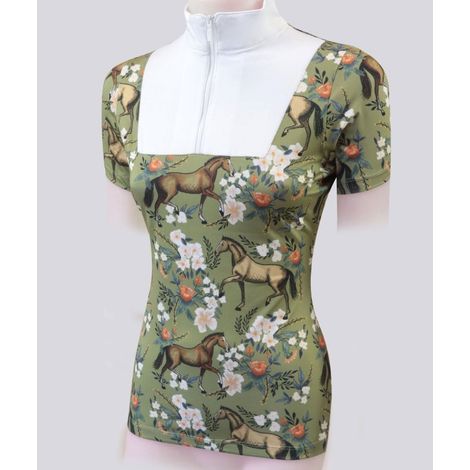 L, VERDE E BIANCO: T-shirt donna da gara modello Camilla Flower a manca corta con collo alto e stampa equestre