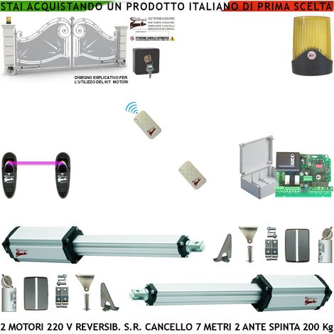 Automatismo Ricambio Cancello da 7 Metri 2 Ante da 3,5 Metri Motori Elettromeccanici 230 V Stelo Retrattile Reversibile Corsa 600 mm Spinta 250 Kg Centrale 2 Radiocomandi Fotocellule Faro Selettore (1/4)