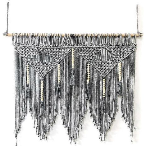 Tapisserie murale en macramé tissée à la main style bohème en corde de coton gris-gris (1/4)