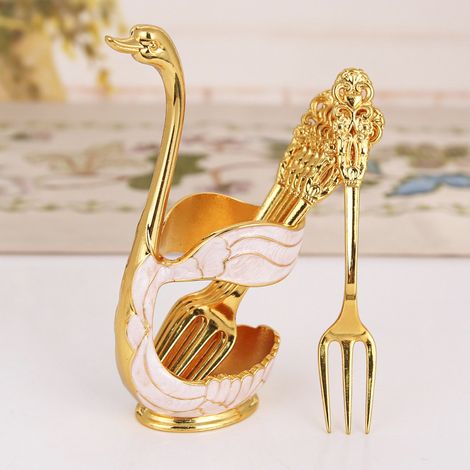 (Or et blanc + Fourchette) Rangement pour fourchettes à fruits, couverts de cuisine élégants et créatifs en métal (1/2)
