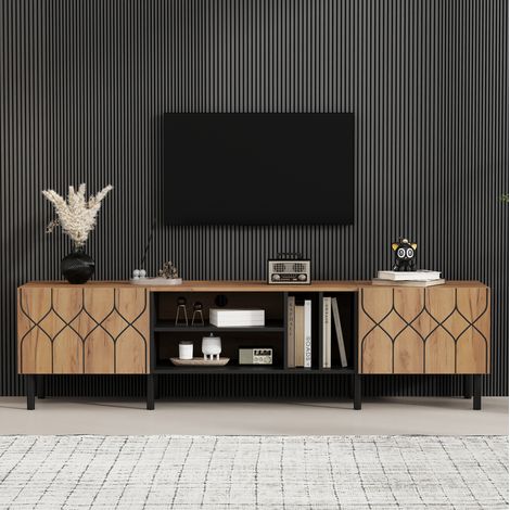 Mobile TV 180x40x50 cm con 2 ante e 4 vani, legno naturale e nero, per 70 pollici (1/5)