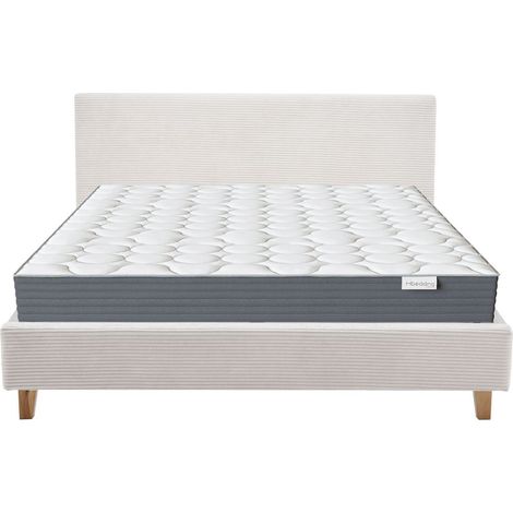 Ensemble Lit adulte 160x200cm avec tête de lit en velours côtelé beige - Milo + Matelas mémoire de forme - Memo HR (1/5)