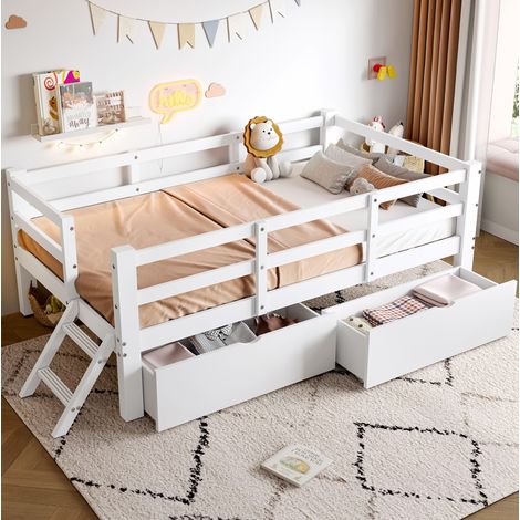 Kinderbett mit Schutzgitter und 2 Schubladen 90x200 Weiß OKMYHOME (1/5)