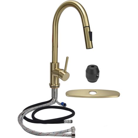 Robinet de cuisine en cuivre G1/2, flexible doré, extractible eau chaude/froide, pour évier, lavabo domestique ou hôtel (1/5)