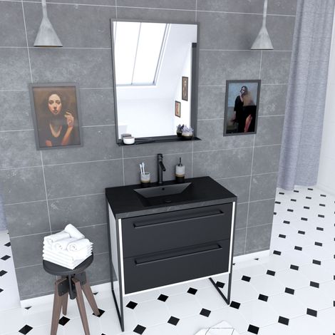Mobile bagno 80x50 bianco - 2 cassetti nero opaco - lavabo nero pietra - specchio