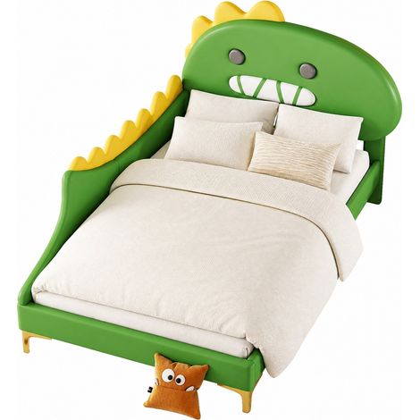 Letto per bambini 90x200 cm a forma di dinosauro, design cartoon verde, in PU e MDF, facile da pulire, per cameretta moderna, con rete a doghe – CHICFURN (1/5)