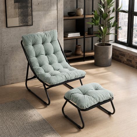 Sillón relax con reposapiés 65x78x86 cm de metal negro, cojín verde claro para salón FloraGrace (1/5)