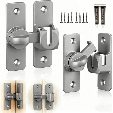 Verrou Porte Coulissante, 2 Paires Loquet-Porte 90/180 Degrés, Alliage D'aluminium Loquet Porte Interieure, Noir Verrouillage-Porte, avec Vis et Adhésif, pour Chambre et Salle de Bain (1/5)