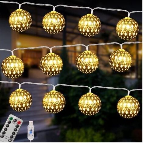Guirlande Lumineuse LED Marocaine, 4,5 M 30 LED USB 8 Modes d'Éclairage, avec Télécommande, Boule Dorée, Style Oriental Marocain (1/5)