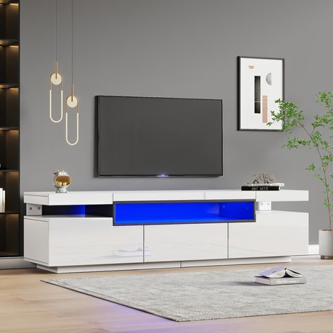 Meuble TV  blanc brillant avec éclairage LED et 3 tiroirs, 160 x 39 x 42 cm (1/5)