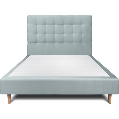 Lit 135x190cm avec tête de lit capitonnée velours et sommier tapissier gris bleuté - Hauteur totale : 35cm (1/5)