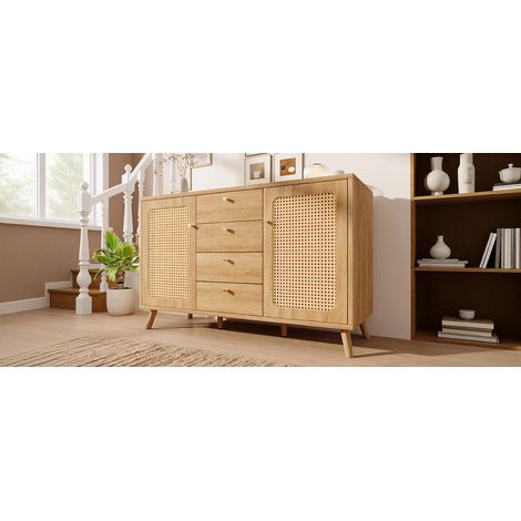 Comptoir avec 4 tiroirs et 2 portes. Meuble de rangement à l’aspect raisin, doté de compartiments réglables pour le rangement des objets du quotidien. Dimensions : 140 cm x 40 cm x 86 cm. (1/5)