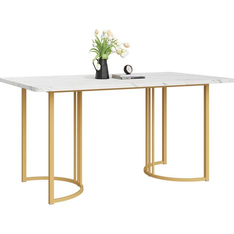 Mesa de comedor rectangular 140 x 80 cm con tablero MDF y efecto mármol, patas de metal y pies ajustables, estable y versátil para cocina, salón u oficina  CHICFURN (1/5)