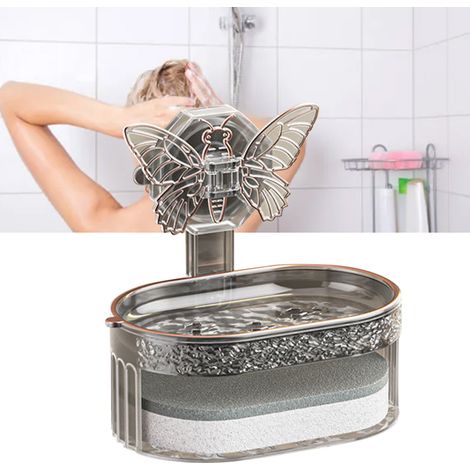 Porte-savon double, élégant et stylé, avec système de vide, porte-savon avec évacuation d'eau et éponge pour salle de bain et cuisine, noir (1/5)