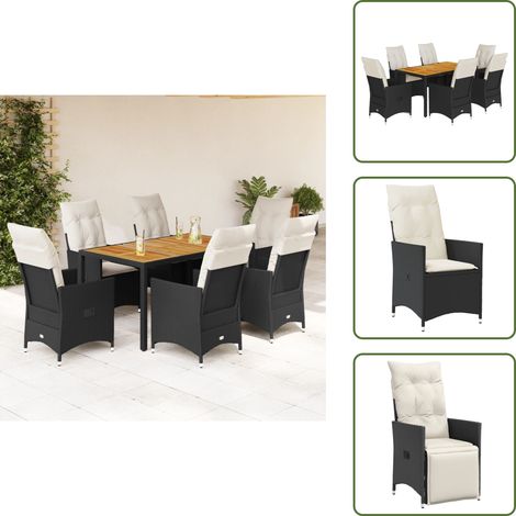 The Living Store Ensemble à manger de jardin coussins 7pcs Noir Résine tressée - Fauteuil inclinable (1/5)