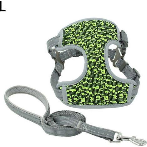 Harnais chien anti-explosion réfléchissant respirant, ensemble laisse et collier pour petit, moyen, grand chien et chat, vert taille L.