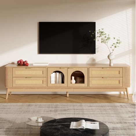 Meuble TV 180x40x50 cm LED, verre, naturel HAVRYA (1/5)