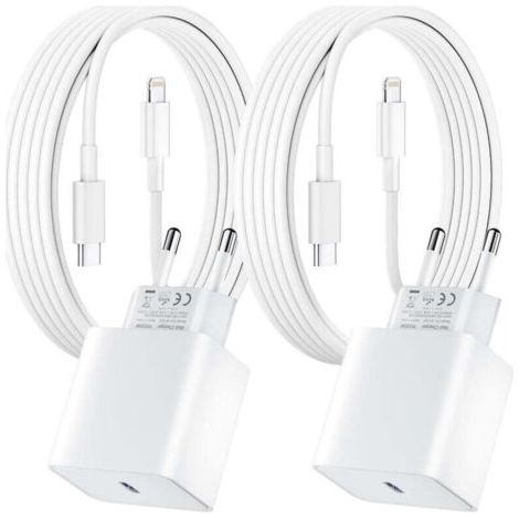Lot de 2 pour Chargeur Rapide iPhone, 20W PD USB-C Prise Secteur avec 2m Câble USB C vers Lightning pour iPhone 14/14 pro/13/13 Pro/13 Pro Max/13 Min (1/5)