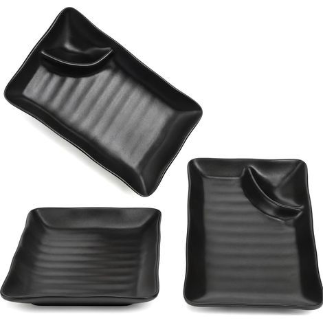 Service de 3 assiettes japonaises pour gyoza avec compartiment à sauce, plats de service rectangulaires en mélamine noire de 7,5 x 4,5 pouces, pour rouleaux de sushi, apéritifs, encas, cuisine domesti (1/5)