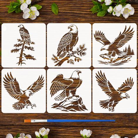 6 Pièces Pochoir de Peinture Aigle sur Branche avec Pinceau, 30x30cm Pochoirs Aigle à Tête Blanche Réutilisables Pochoir Oiseau Proie pour Peinture sur Bois Mur Meuble Tissu Décor Maison (1/5)