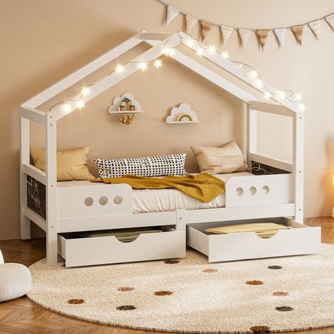 Lit Enfant Blanc 90 × 200 cm, Lit Cabane avec Tableau de Dessin, 2 Grands Tiroirs de Rangement et Design de Toit - Bois Massif+MDF (1/5)
