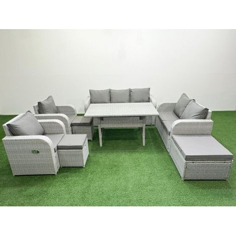 Fimous PE Rattan Garden Furniture Set Reclining Chair Sofa Double Love Seat 2 Seater Sofa Lounge Set Rectangular Dining Table 3 Stools Light Grey (1/4)