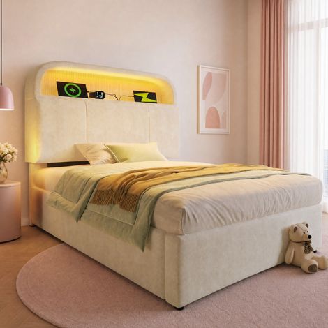 Cama tapizada 90x200 cm, cabecero regulable en altura con almacenaje, LED y estación de carga, terciopelo beige (1/5)