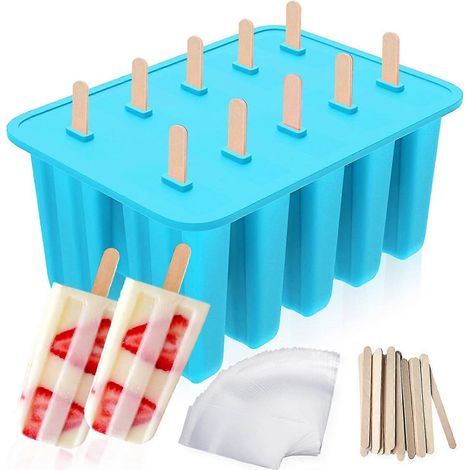 Moules à glaces réutilisables en silicone, 10 cavités, avec 50 bâtonnets et 50 sachets. (1/5)
