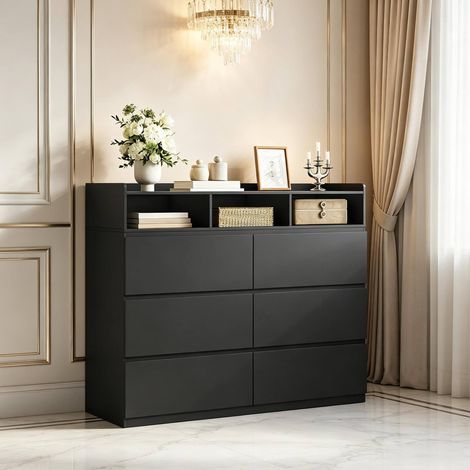 Cómoda con cajones (120x40x100 cm), 6 cajones, 3 compartimentos abiertos, madera, negro (1/5)