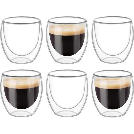 Ecleanfy - Lot de 6 tasses en verre à double paroi, tasses à café transparentes à double paroi, double paroi, cappuccino, latte et isothermes (80 ml) (1/5)