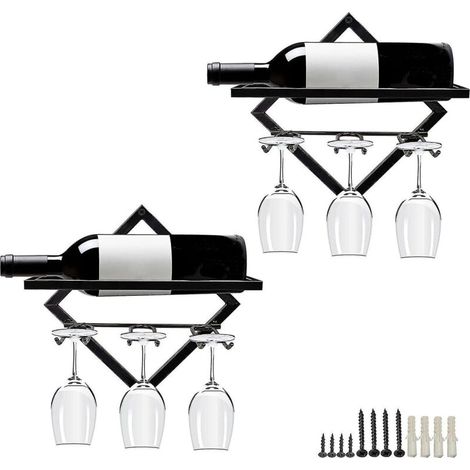 2er-Set Wandregale aus Metall für Weinflaschen, 26,7 x 26,7 cm, für Zuhause, Küche oder Bar – inklusive Weinglashalter – Schwarz (1/5)