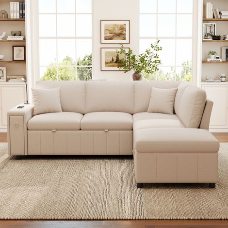 L-förmiges Schlafsofa erweiterbar mit Schlaffunktion, Ottoman mit Stauraum, klappbarem Couchtisch, USB- und Typ-C-Anschlüssen, Leselampe, Kissen, beige (1/5)