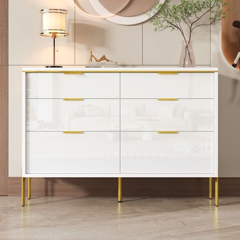 Comanlai - Buffet Commode 6 Tiroirs Blanc et Or - Meuble de Rangement Laqué pour Salon Chambre et Entrée (1/5)
