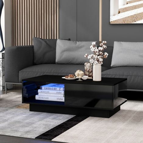 Couchtisch aus Holzwerkstoff in Schwarz Hochglanz 95 x 55 cm mit LED, 2 Schubladen und Ablagen