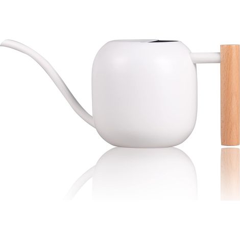 Arrosoir à poignée en bois 1 l - Petites plantes en pot - En acier inoxydable - Avec bec long - Confortable - Pour plantes d'intérieur - Blanc (1/5)